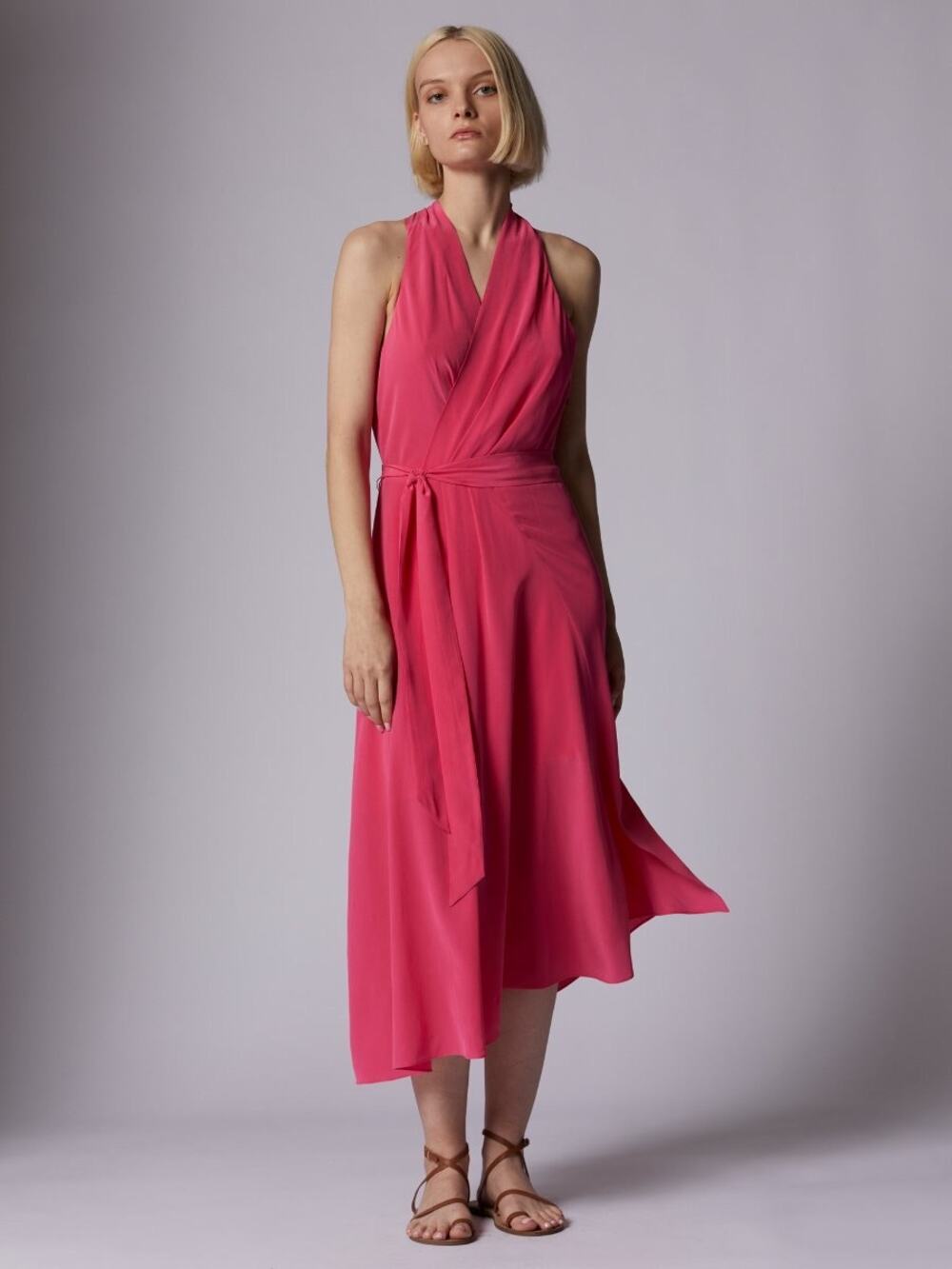 Equipment Alejandra Raspberry Sorbet Pink Sleeveless Asymmetric Silk Midi Dress